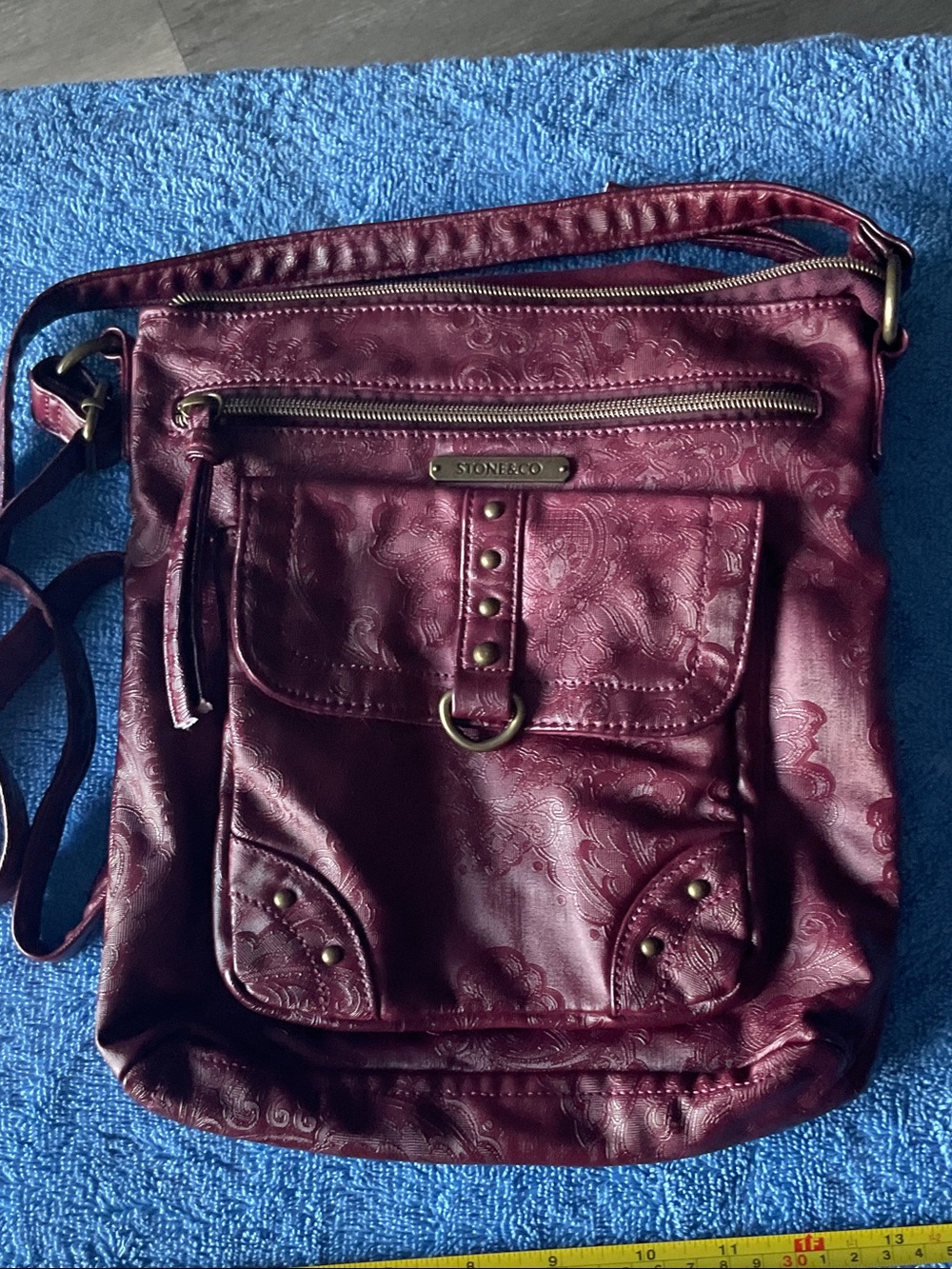 Stone & Co. Embossed Wine Red Crossbody Bag with Front Pocket
